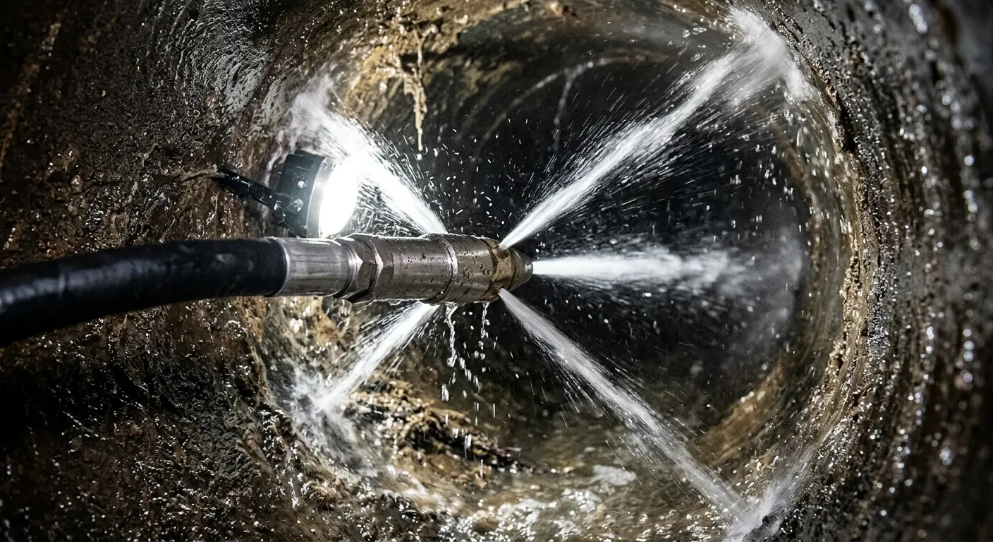 High-pressure hydro jetting nozzle cleaning sewer pipe for Emergency Drain Service in Green Lake