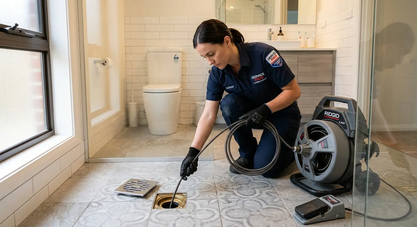 Technician clearing a bathroom floor drain for Sewer Line Replacement in Green Lake